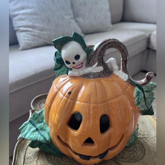 Ceramic ghost Pumpkin Jack O Lantern Hand Painted Halloween Decor - Picture 1 of 6